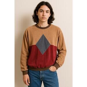 Vintage 80s Velour Colorblock Sweatshirt Geometric Diamond Soft Cozy Crewneck M